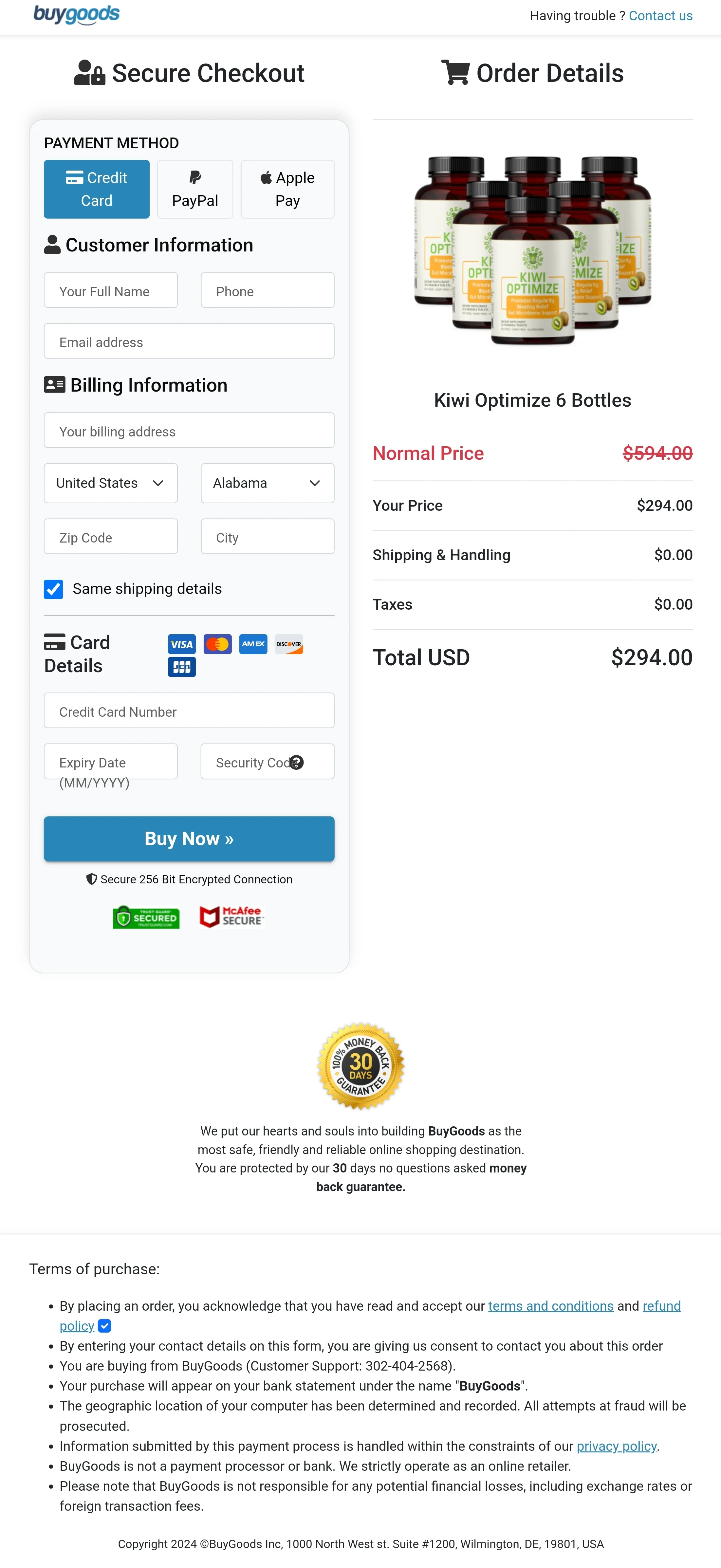 Kiwi Optimize order form